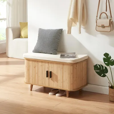 Produktbild von Schuhschrank mit Sitzkissen ‘Tvedestrand’ mit 2 Türen 50 x 80 x 40 cm Bambus / Beige