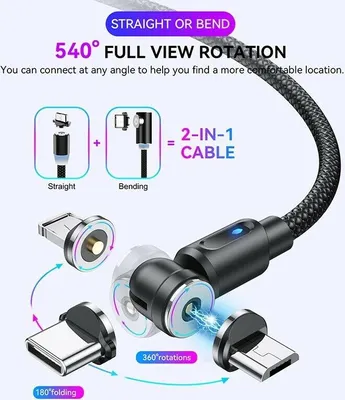 Produktbild von 3in1 Magnetische LED Ladekabel 360°&180° drehbar für Samsung iPhone USB > Micro / Type C / Appel Universal Ladekabel Datenkabel Kabel 2Meter