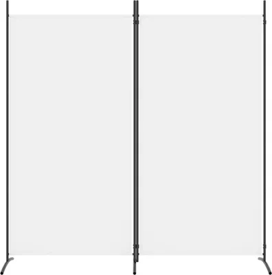 A white, two-panel room divider with black metal legs and support poles.