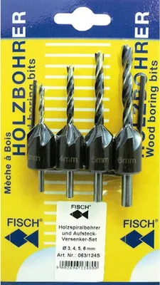 Obrázok produktu pre Sada vyvrtávačov a zarážok Fisch HolzSpiBo 3–4–5–6 mm na kartičke | 063/124S