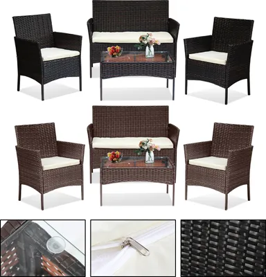 Immagine prodotto di Set di mobili da giardino TolleTour, marrone, mobili da balcone con cuscini, set da balcone in polyrattan con poltrona e tavolo, set di sedute per terrazza, mobili in rattan per balcone, giardino, veranda (4 pezzi)