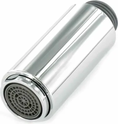 A close-up studio shot of a single faucet aerator.
