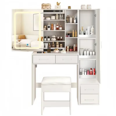 Productafbeelding van Make-up tafel set - Make-up tafel - 4 lades - 1 deur - Hoge kast - Beklede kruk - LED-spiegel met 3 lichtstanden - 100 x 40 x 142 cm