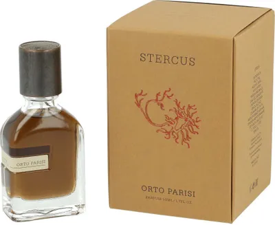 A bottle of perfume and its packaging are displayed side-by-side on a white background.