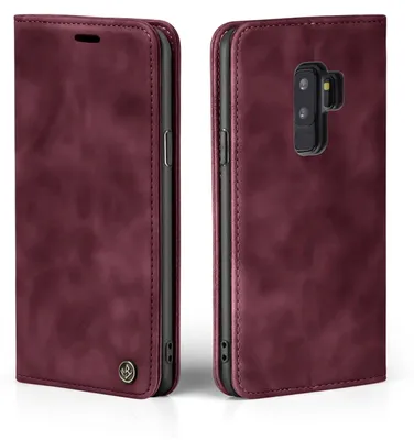 A burgundy flip case for a Samsung Galaxy S9+ phone is shown from two angles, front and back.