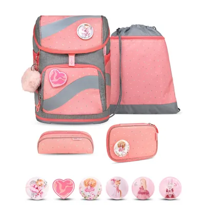 Produktbild von Belmil Smarty ergonomisches Schulranzen Set 5-teilig "Minimal Triangels" mit Brustgurt, Hüftgurt, Magnetverschluss, Patch Set 6 Stück