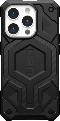 A black protective case for an iPhone 15 Pro Max, featuring a textured design and the UAG logo.