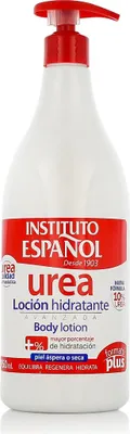 A white plastic bottle of body lotion with a red pump dispenser.