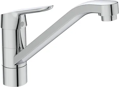 A chrome kitchen faucet is shown against a white background.