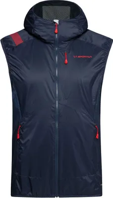 Dunkelblaue Herrenweste mit Kapuze von La Sportiva; ausgestattet mit Reißverschlusstaschen und atmungsaktivem Material.