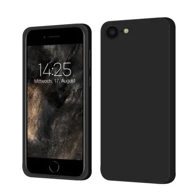 A black phone case is shown from the front and back.