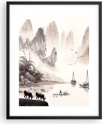 Produktbild von Gerahmtes Poster - Schwarzer Rahmen - Chinesisch Landschaft Aquarell - 40x50 cm - Wand Bild - Wanddeko - Wandbilder - Wandposter - Bilderrahmen - Bilder - Kunstdruck - Wandbild - P2BPA40x50-4265