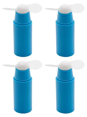 Four blue mini handheld fans arranged in a 2x2 grid against a white background.
