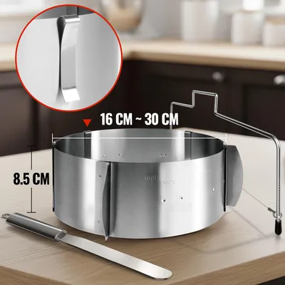 Produktbild von Aurelia Home Tortenring verstellbar 8.5 cm hoch + Tortenschneider + Streichpalette – 3-teiliges Edelstahl Backzubehör-Set für Schichttorten