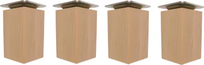 Four identical wooden furniture legs with silver tops are arranged in a row against a white background.