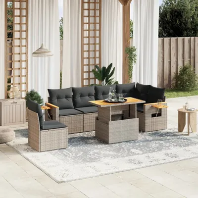 Produktbild von Design 7-tlg. Garten-Sofagarnitur mit Kissen Grau Poly Rattan, Gartenmöbel-Sets 2024 Neu