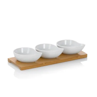 Produktbild von kela Dippschale Porzellan weiß 4-teilig Philipa Schalen-Set mit Bambusplatte 12260