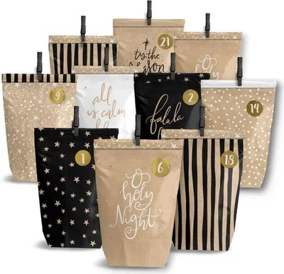 A collection of Christmas advent calendar bags arranged in a staggered formation against a white background.