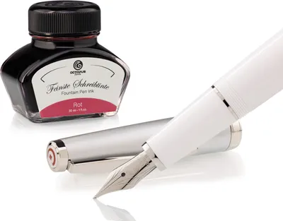 Produktbild von Füllhalter Set Cleo Skribent Classic Metall Weiß, Patronen-Füllhalter und 30 ml Tinte Rot