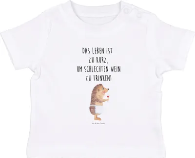 Produktbild von Mr. & Mrs. Panda  T-Shirt Igel Wein 6. - 12. Monat - Weiß - Geschenk, Weißwein, Baby Kurzarmshirt, Kleinkind Shirt, Spruch, Weinglas, Rotwein, Deko, Babyshirt, Öko