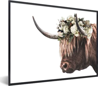 Produktbild von MuchoWow® Gerahmtes Poster Schottischer Highlander - Rosen - Weiß 80x60 cm - Poster mit Schwarzem Bilderrahmen Wandposter Rahmen Foto Bilder - Schwarzem - Mit Gestell