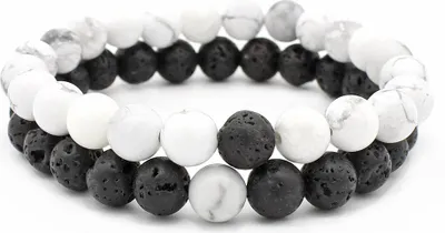 Produktbild von ALSTER HERZ® Perlen Armband aus Lavastein Naturstein, Partnerarmband Freundschaftsarmband, J0275 Weiß-Schwarz
