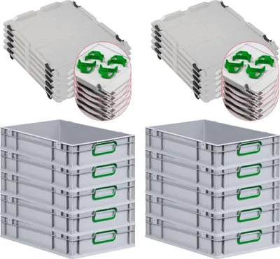 Produktbild von SparSet 10x Eurobox NextGen Color mit Auflagedeckel und Schiebeschnappverschlüsse | HxBxT 12x40x60cm | 23 Liter | Grau | Griffe grün geschlossen | Glatter Boden | Eurobehälter, Transportbox, Transportbehälter, Stapelbehälter