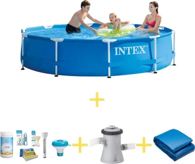 Produktbild von Intex Metal Frame Pool - 305 x 76 cm - WAYS Wartungspaket, Filterpumpe & Bodenplane