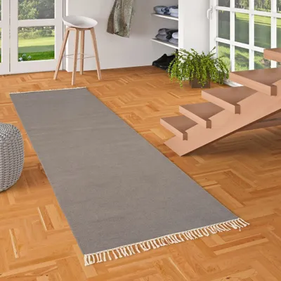 Produktbild von Wolle Natur Teppich Läufer Kelim Mila Anthrazit, Größe:90x160 cm