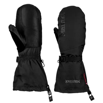 Two black Marmot Expedition Mitts are shown against a white background.