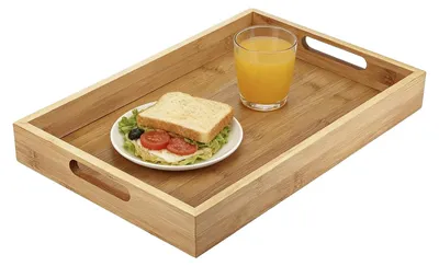 Produktbild von Serviertablett, 35 × 25 × 4 cm Holztablett mit Griff, Rechteckig – Natürliche Holzfarbe