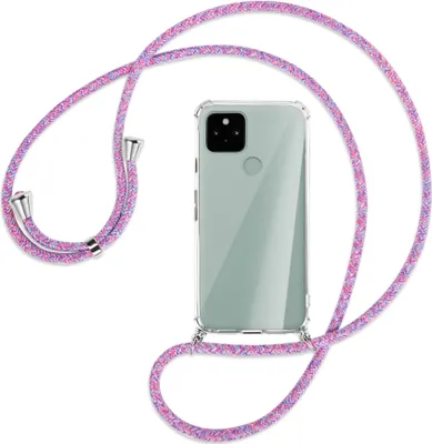 Produktbild von Handykette Backcover-Schutzhülle mit Band (Metall silberfarben) für Google Pixel 5 - lila/rosa/blau