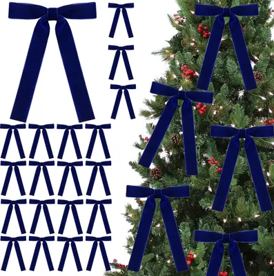 A collection of dark blue velvet bows arranged on a white background and on a decorated Christmas tree.