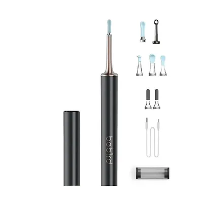 Product shot of an ear cleaning device and its accessories on a white background.