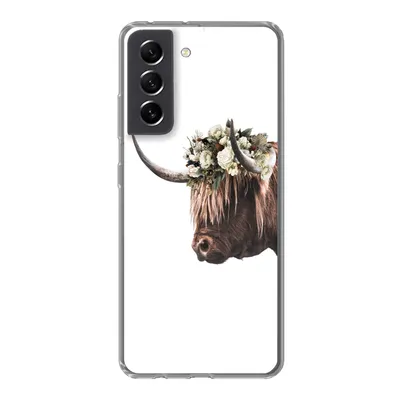 Produktbild von MuchoWow® Handyhülle Schutzhülle Hülle für Samsung Galaxy S21 FE Schottischer Highlander - Kuh - Rosen Silikon Softcase Handy Hülle - Mobiltelefonhülle