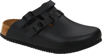 A black clog shoe with two buckles on a white background.