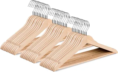 Image de Cintres - Cintres en bois - Lot de 30 cintres avec découpes pour jupes et pantalons, crochets pivotants, couleur naturelle