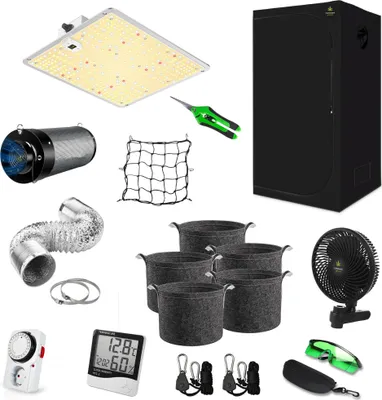 Produktbild von Canna4Home GrowBox Komplettset 60 x 60 x 180 cm schwarz Anbau Set Gewächshaus mit dimmbarer LED Vollspektrum Grow-Lampe, mit Abluftset, Pflanztöpfe