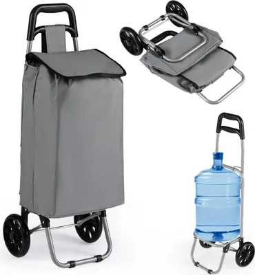 Obrázek produktu pro COSTWAY 35L skládací nákupní vozík, nákupní vozík na kolečkách, odnímatelná nákupní taška a boční taška, do 35 kg, 34x28x90cm šedý
