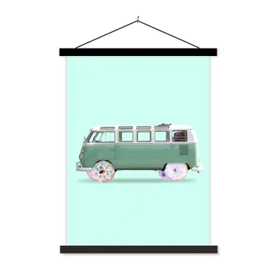 Produktbild von MuchoWow® Textilposter Donuts - Lieferwagen - Auto - Grün 90x120 cm mit schwarzem Rahmen - Dekoration
