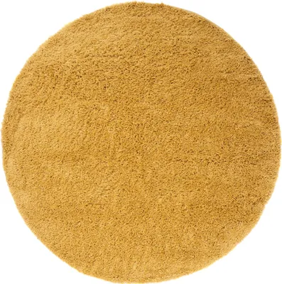 A round, yellow rug is shown from a top-down perspective on a white background.