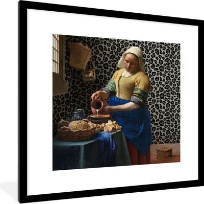 Produktbild von MuchoWow® Gerahmtes Poster Milchmädchen - Kunst - Pantherdruck - Vermeer - Gemälde - Alte Meister 40x40 cm - Poster mit Schwarzem Bilderrahmen Wandposter Rahmen Foto Bilder - Poster - Plakat im Rahmen