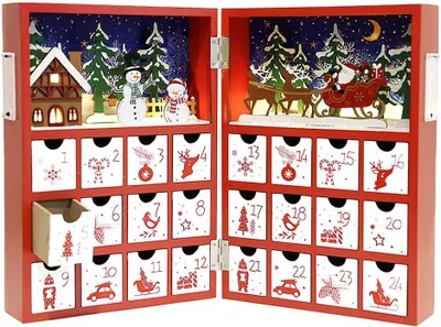Productafbeelding van PE Kerst Houten Adventskalender Boek met Laden en LED - Herbruikbare Kerstkalender met Dorpsscène Woondecoratie voor Volwassenen en Kinderen