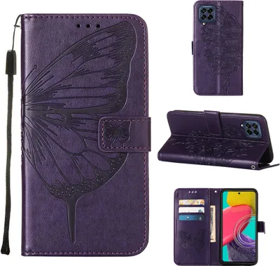 Produktbild von Galaxy M33 5G Hülle, Schmetterling Prägung Flip Leder Kartenfächer Schutzhülle Ledertasche mit Ständer für Samsung Galaxy M33 5G Lila