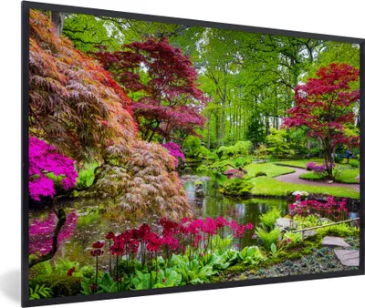 Produktbild von MuchoWow® Gerahmtes Poster Bäume - Blumen - Japanisch - Natur - Wasser 90x60 cm - Poster mit Schwarzem Bilderrahmen Wandposter Rahmen Foto Bilder - Fotorahmen - Foto-Plakat