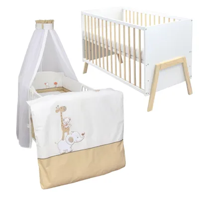 Produktbild von Babybett Kinderbett Gitterbett Juna 60x120 Weiß Schutzgitter Matratze Bettwäsche Set 10tlg Zirkus Beige