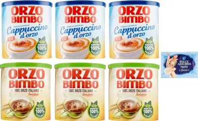 Produktbild von 6er-Pack Löslich-Gersten-Cappuccino Orzo 150g und Orzo Löslich-Gersten 120g und Felce Azzurra Talkumpuder 100g-Beutel