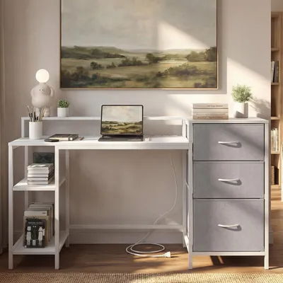 Produktbild von YITAHOME Computertisch Schreibtisch mit 3 Schubladen und Steckdose, Bürotisch, 144x50x87 cm, Weiß