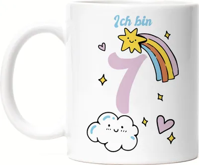 Produktbild von 7 Jahre alt Kindergeburtstag Tasse weiß süße Motive Kinder Milchkanne Happy Birthday Alles Liebe zum Geburtstag