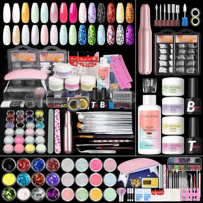 Produktbild von Acrylnagelset mit Lampe Bohrer Acrylpulver und flüssiges Monomer Set für Nagelverlängerung 24 Farben Nagel Glitter Pulver Komplettset Starter Kit